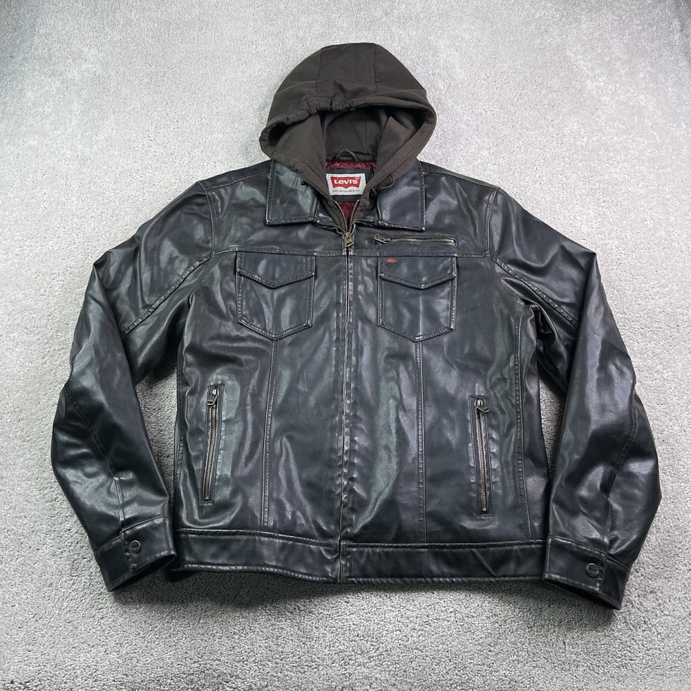 Levis Jacket Mens Large Brown Faux Leather Hooded Moto Biker Quilted Lined Coat